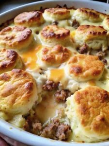 Biscuits and Gravy with Sausage and Egg Breakfast Casserole