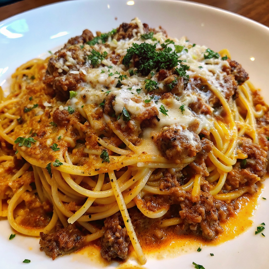 Creamy Garlic Butter Spaghetti with Parmesan Beef