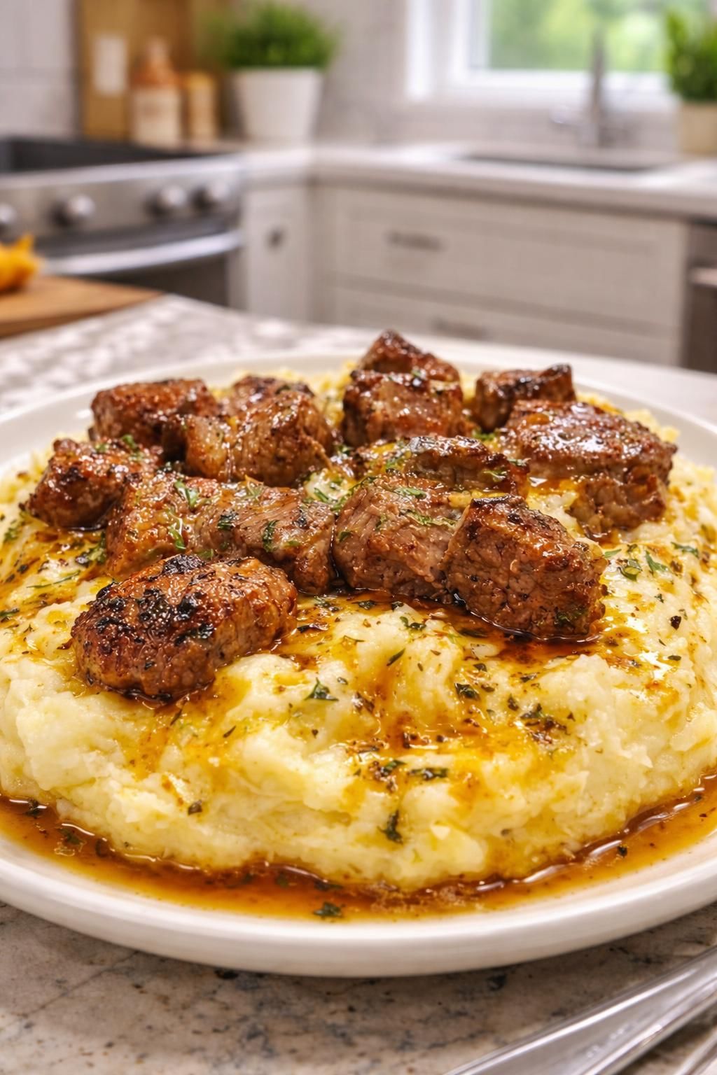 Garlic Butter Steak Bites with Creamy Parmesan Mashed Potatoes