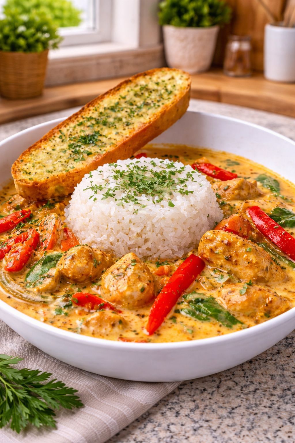 Creamy Garlic Chicken Curry with Rice & Herb Toast