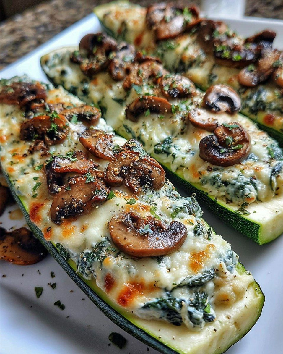 Spinach Mushroom Ricotta Stuffed Zucchini Boats