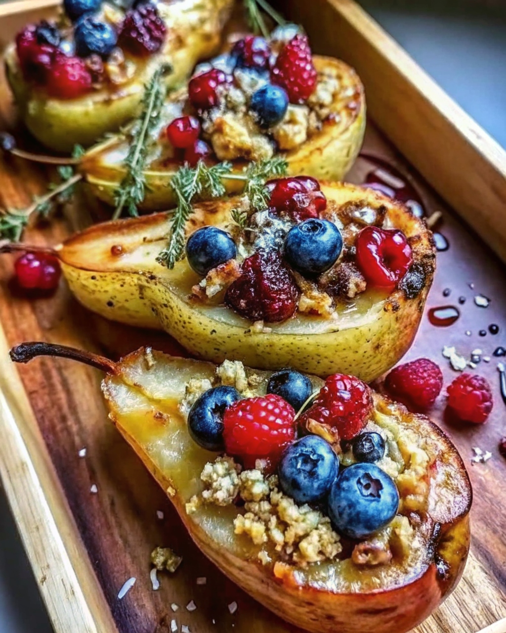 Baked Pears with Berries, Honey, Walnuts and Blue Cheese