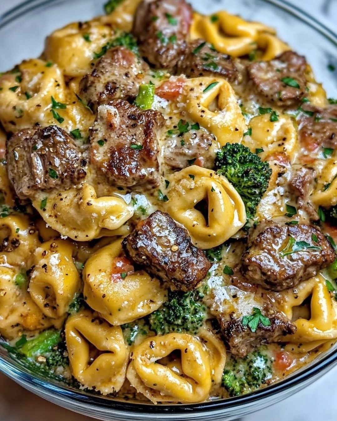 creamy garlic parmesan steak bites tortellini