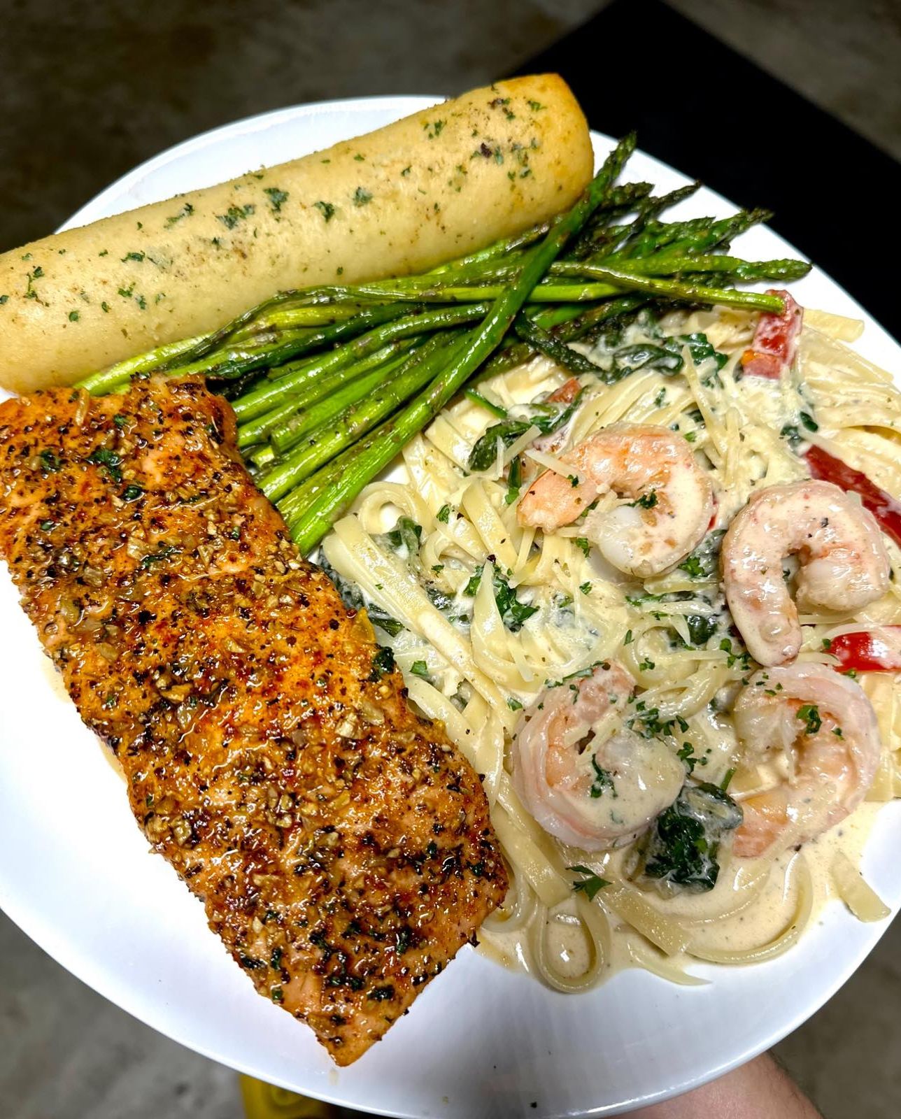 Garlic Butter Salmon with Shrimp Pasta