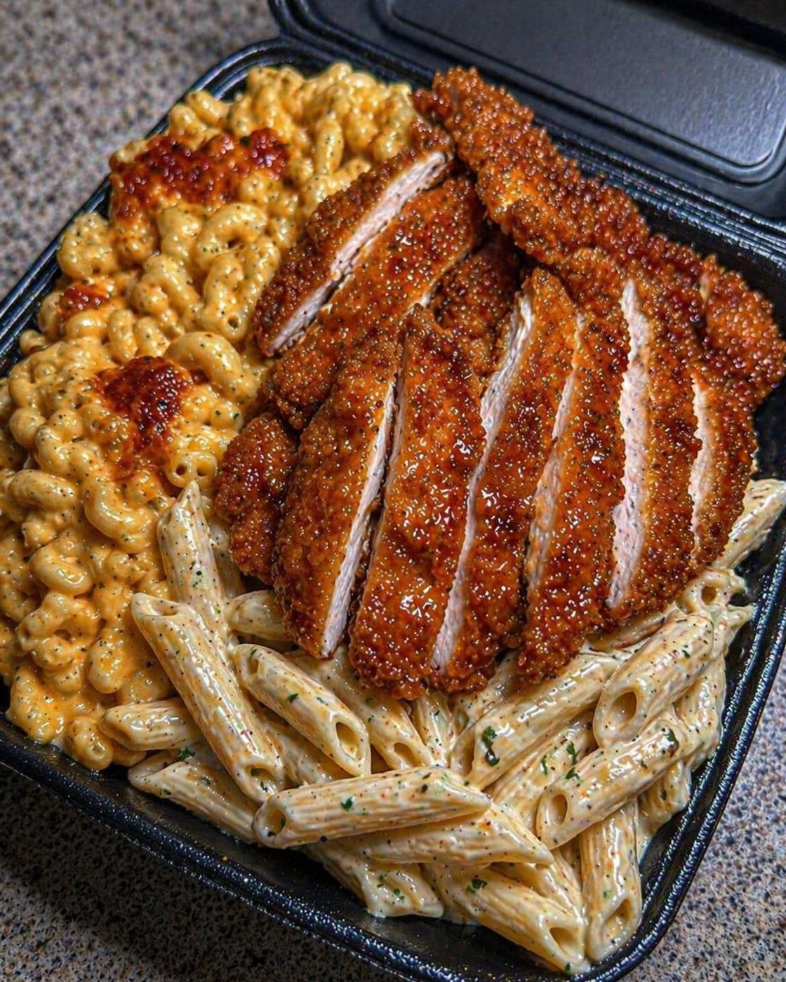 Crispy Chicken with Creamy Penne & Baked Mac & Cheese