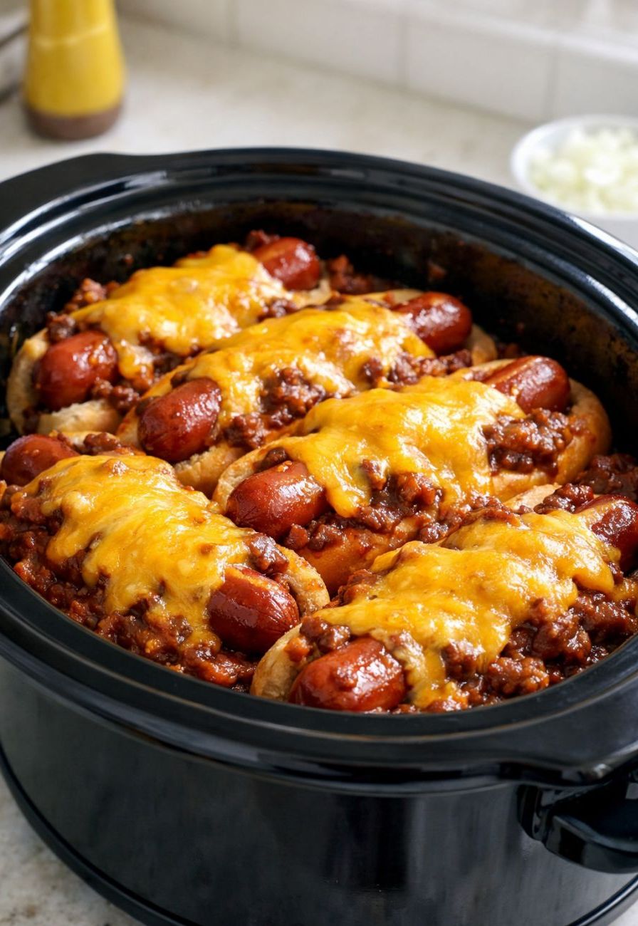 Slow Cooker Chili Cheese Dogs