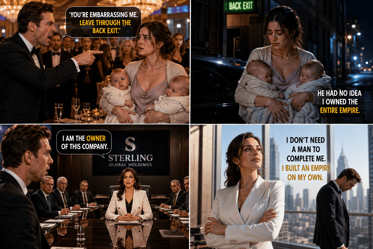 After humiliating his exhausted wife and forcing her to leave a corporate gala, a husband discovers she secretly owns the entire company—and his career is about to end.