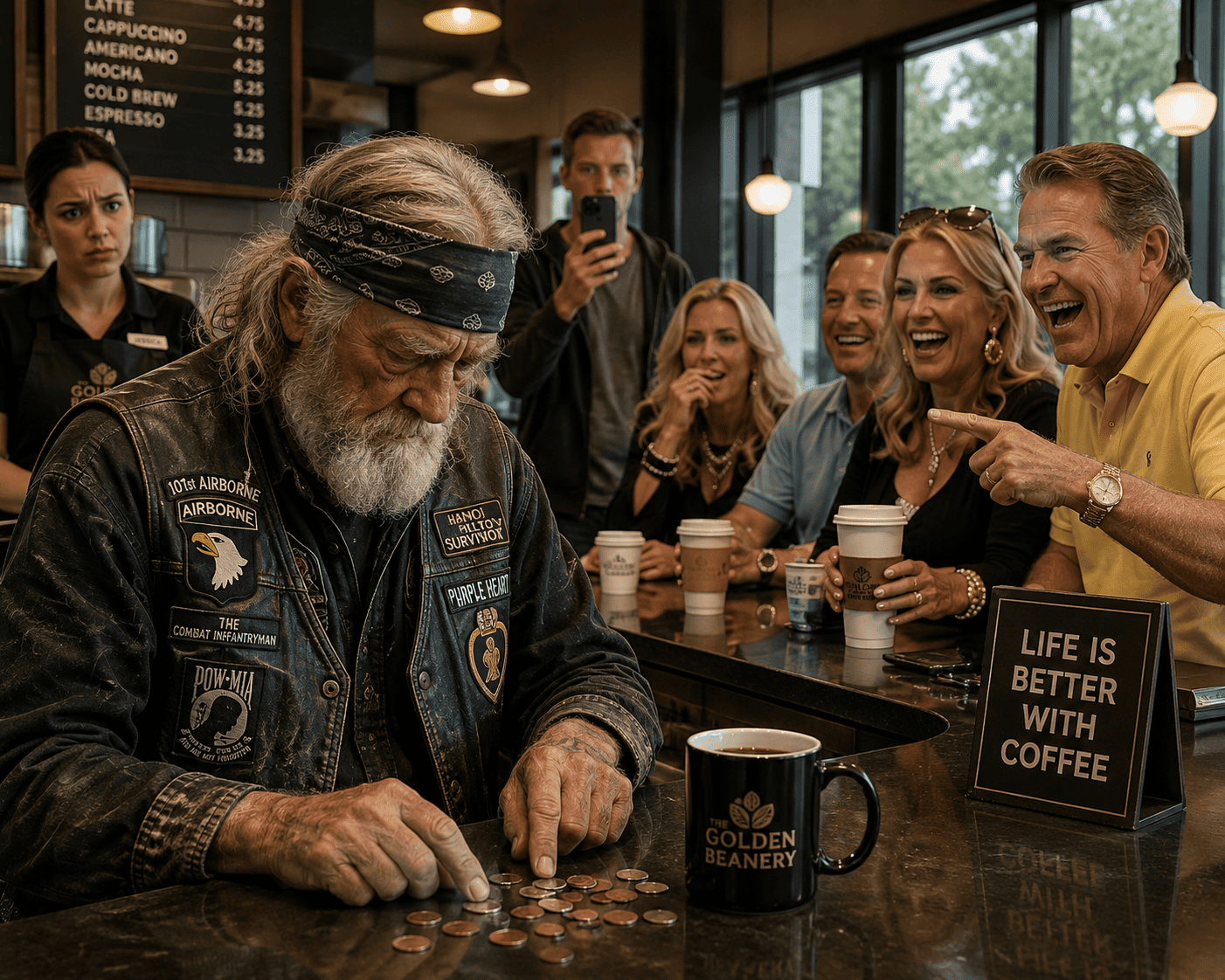 old biker counting coins
