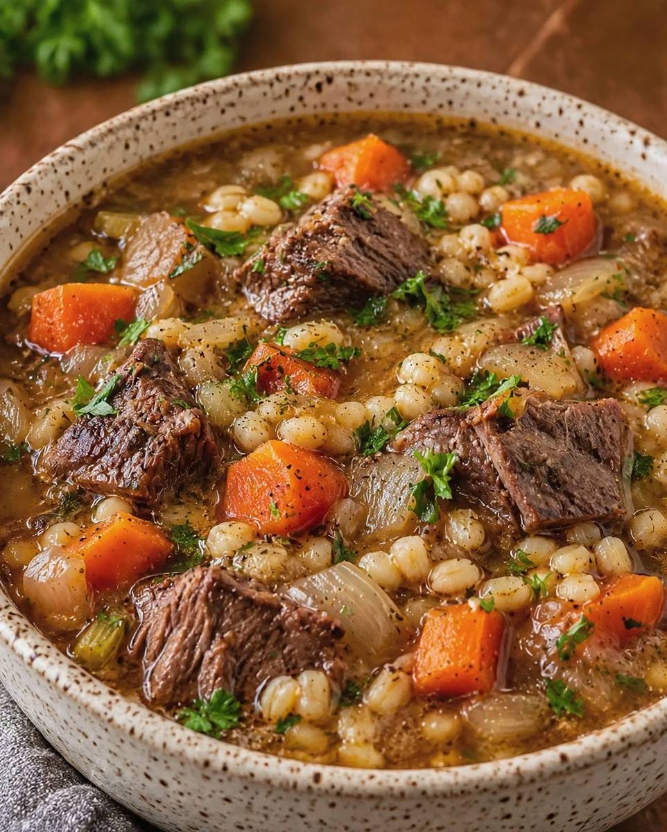 Classic beef barley soup with tender beef, pearl barley, carrots and parsley in a speckled bowl