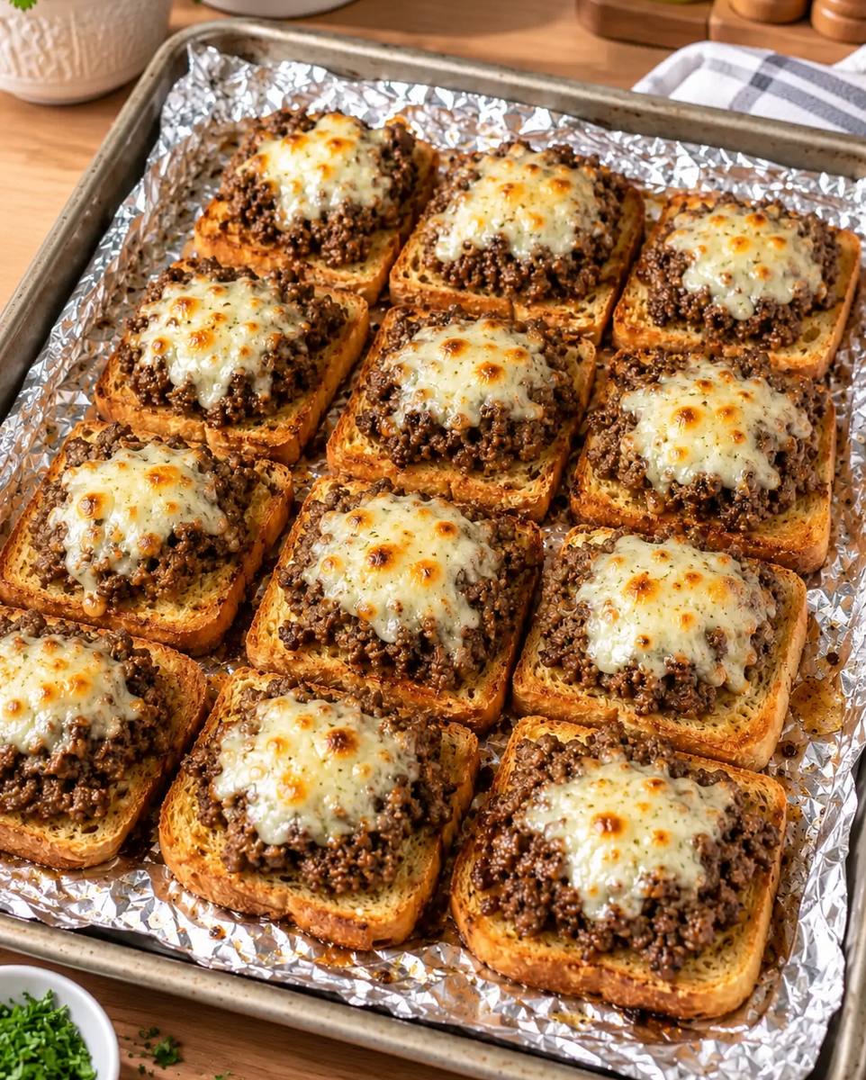 Beef garlic bread bites topped with ground beef and melted mozzarella cheese on a baking sheet