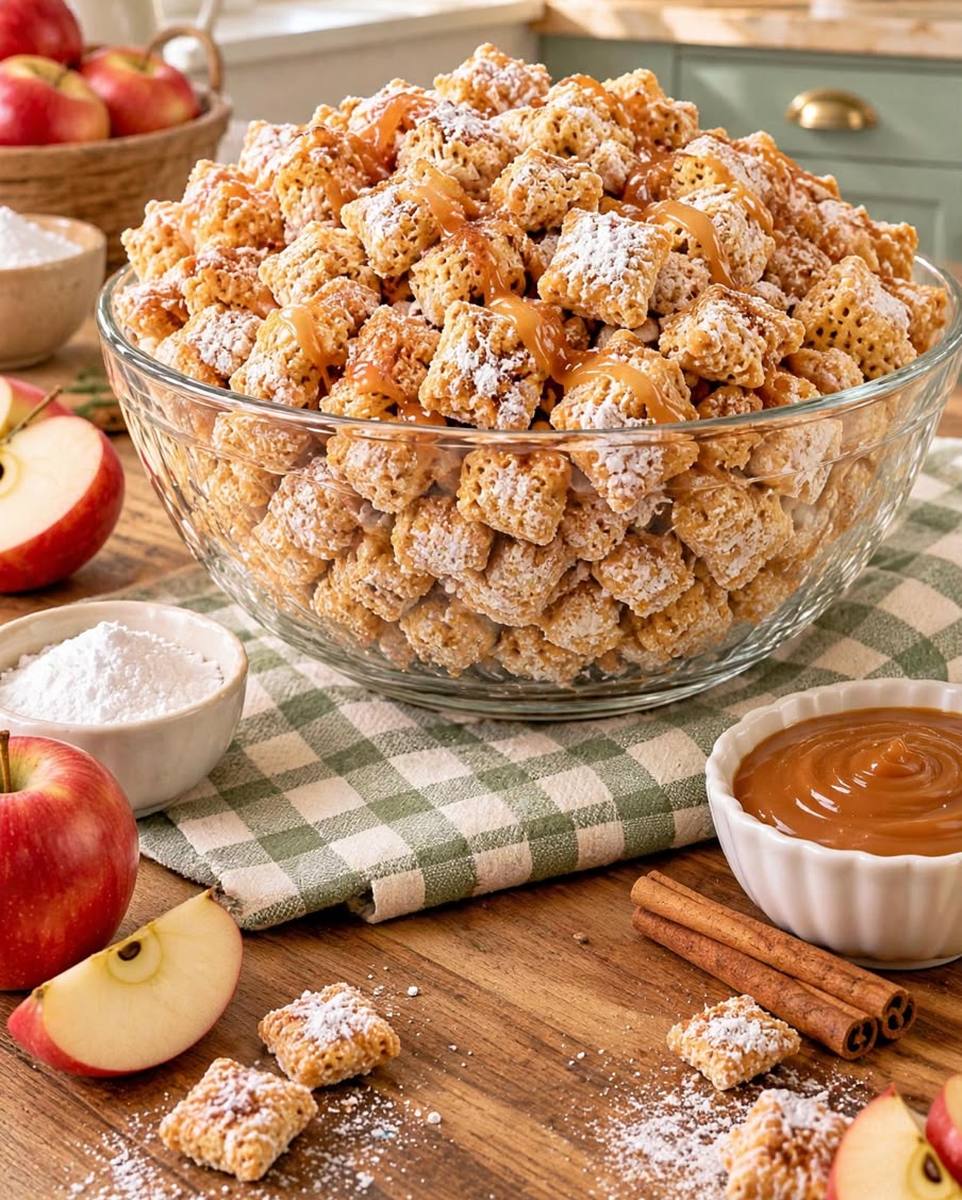 Caramel apple cheesecake puppy chow in a glass bowl with caramel drizzle, powdered sugar and fresh apples