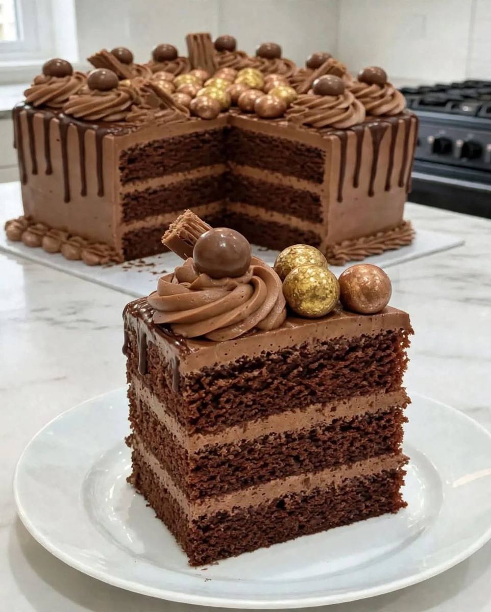 Three-layer chocolate drip cake with chocolate buttercream swirls and gold chocolate balls, with a slice on a white plate