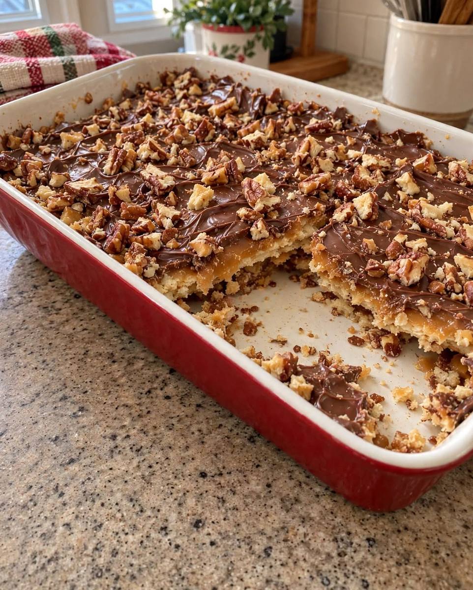 Christmas crack toffee made with saltine crackers, brown sugar toffee, chocolate and chopped pecans in a red baking dish
