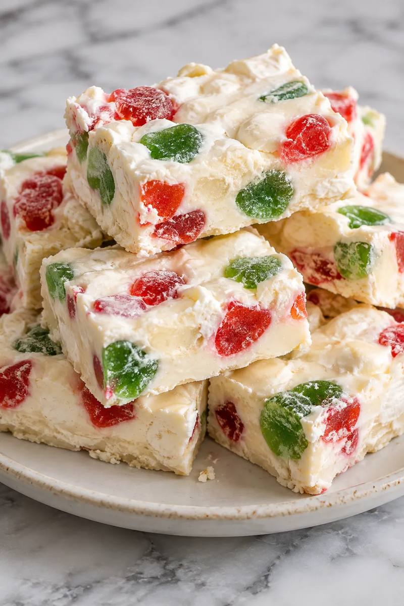 Christmas nougat bars with red and green gumdrops stacked on a white plate