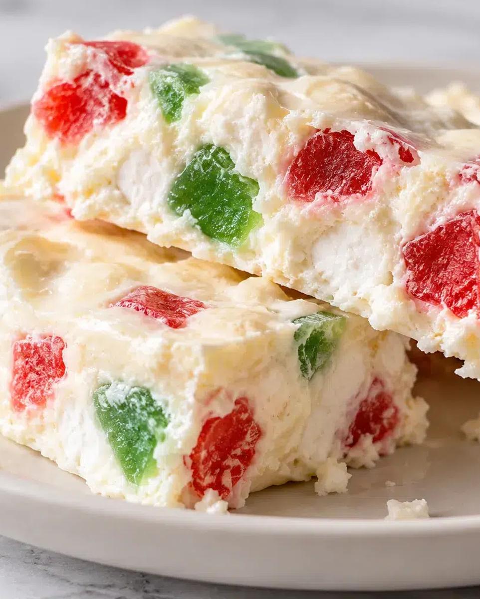 4-ingredient Christmas nougat bars with white chocolate, marshmallows and gumdrops