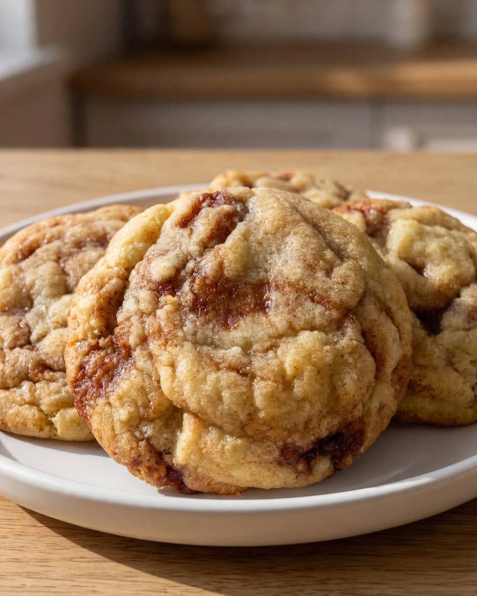 Soft and chewy cinnamon roll sugar cookies with brown sugar cinnamon swirls on a white plate