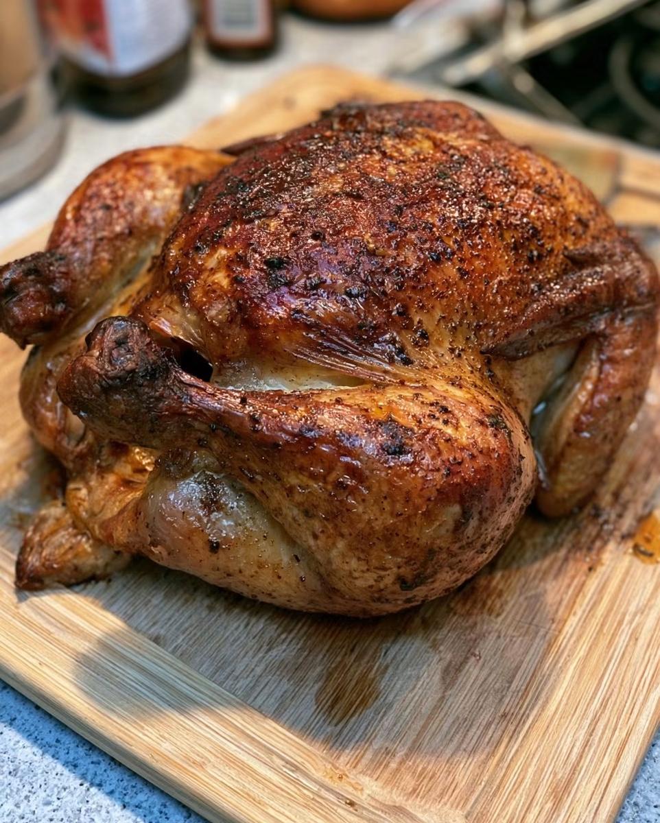 Classic whole roasted chicken with golden crispy seasoned skin on a wooden cutting board