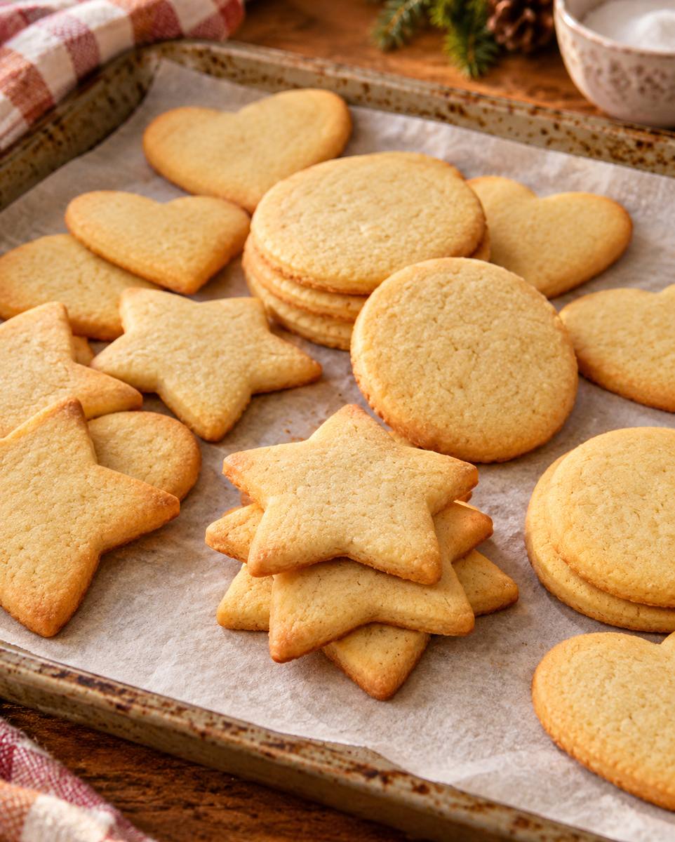 Cream cheese sugar cookies cut into hearts, stars and circles on a parchment-lined baking sheet