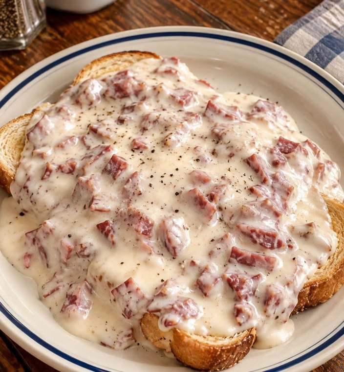 Creamed chipped beef on toast with black pepper on a white plate