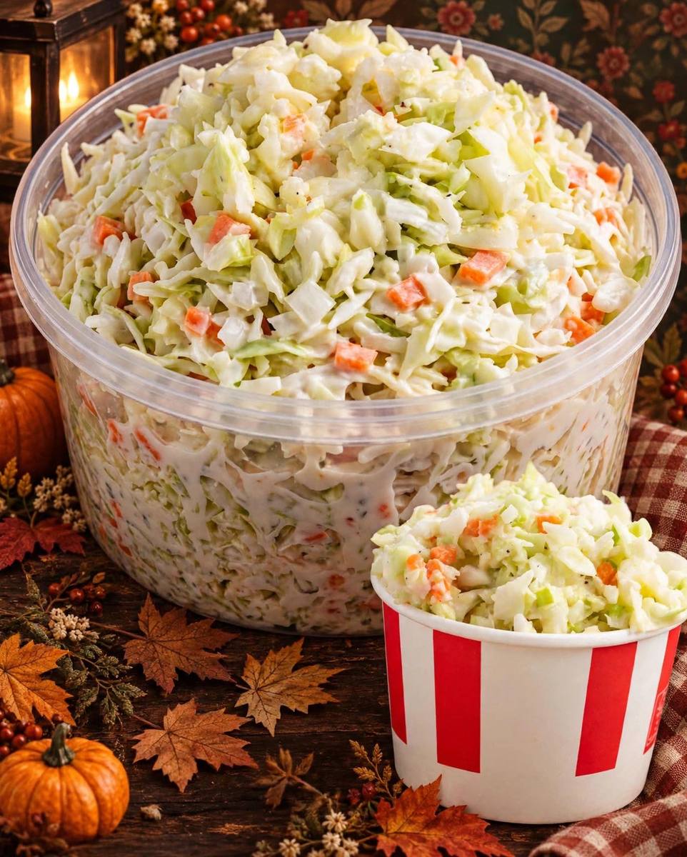 Creamy KFC-style coleslaw with finely chopped cabbage and carrots in a large bowl