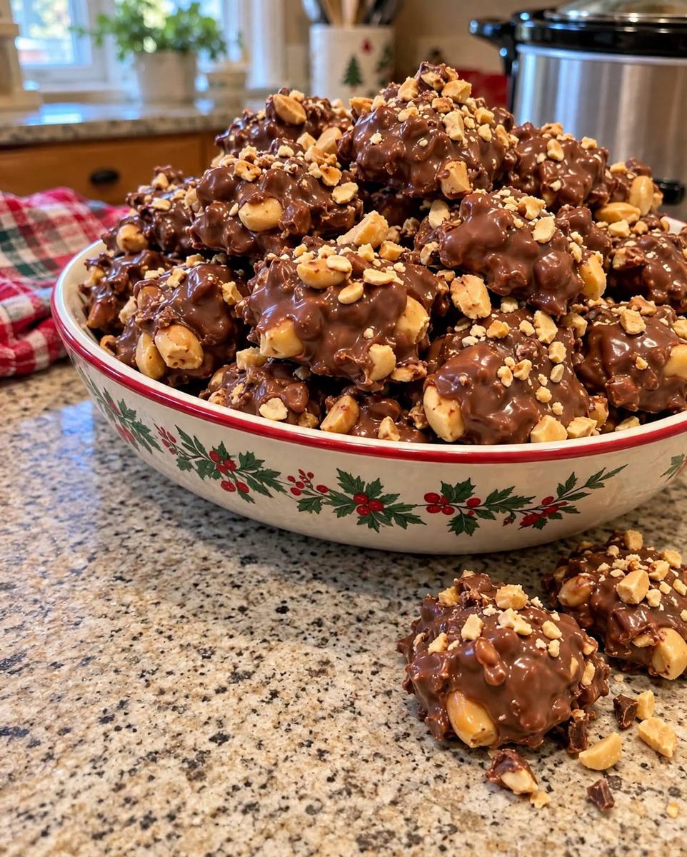 Crockpot Christmas crack chocolate peanut clusters in a holiday bowl