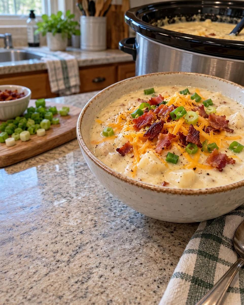 Creamy crockpot potato soup with hash browns topped with cheddar cheese, crispy bacon and green onions, with a slow cooker behind