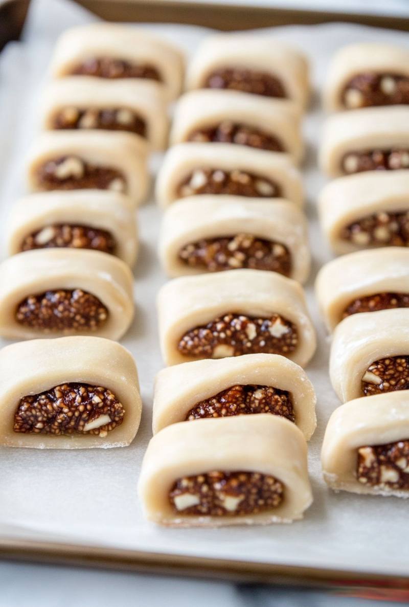 Cucidati Italian fig cookies shaped and filled with fig and nut filling on a baking sheet before baking