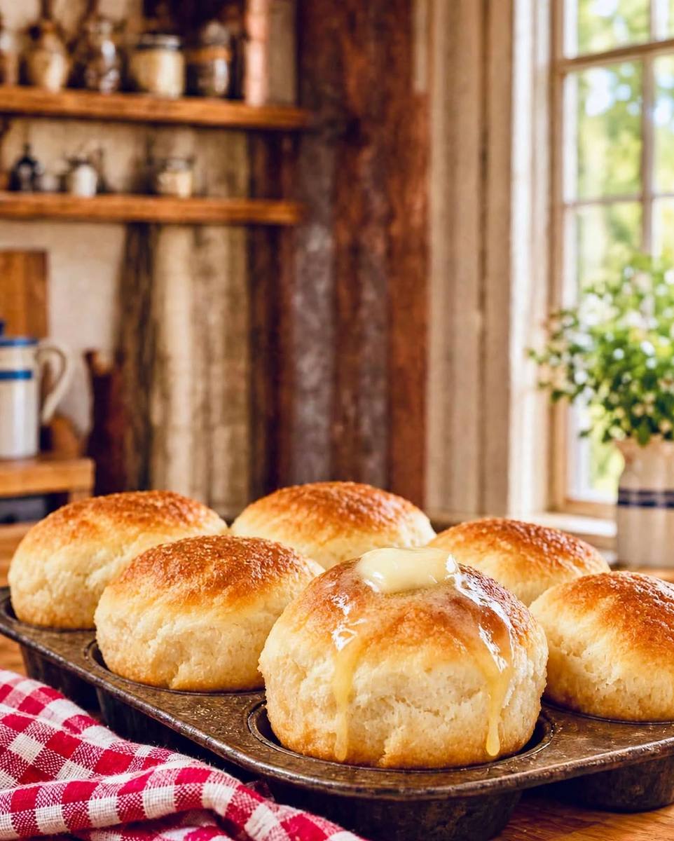 Easy no-yeast dinner rolls baked golden in a muffin pan with melting butter