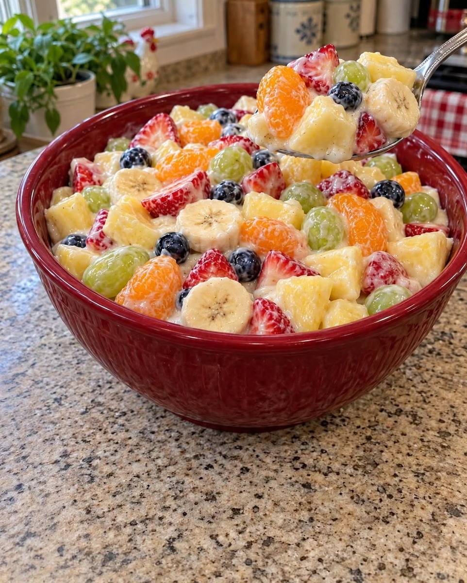 Fruit salad to die for with vanilla pudding, strawberries, blueberries, grapes, bananas and mandarin oranges in a red bowl