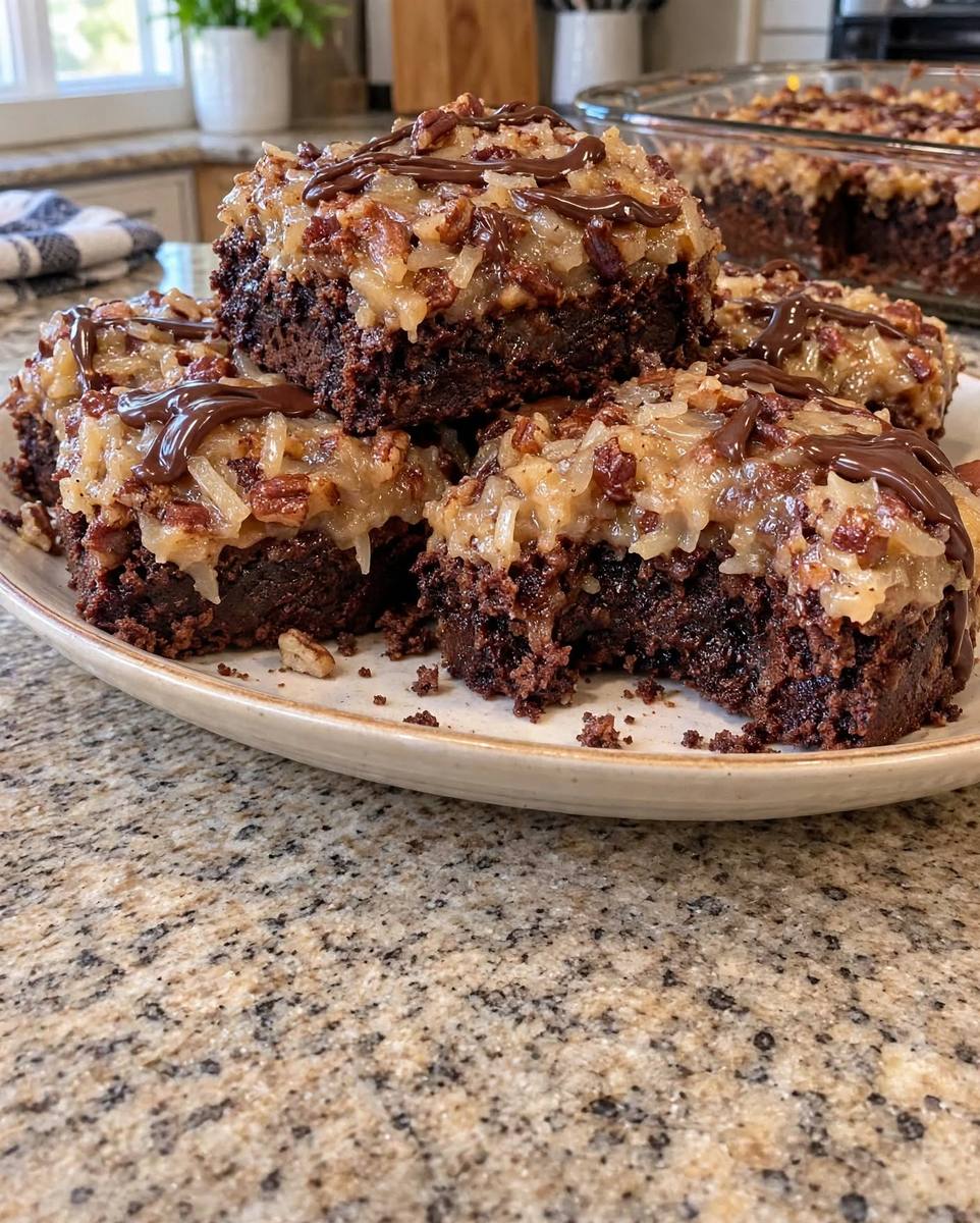 German chocolate brownies with coconut pecan topping and chocolate drizzle stacked on a plate