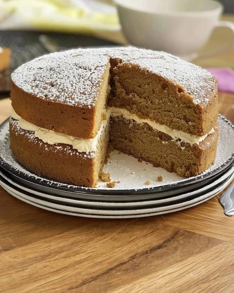 Old-fashioned ginger sponge cake filled with whipped cream and dusted with icing sugar, sliced on a plate