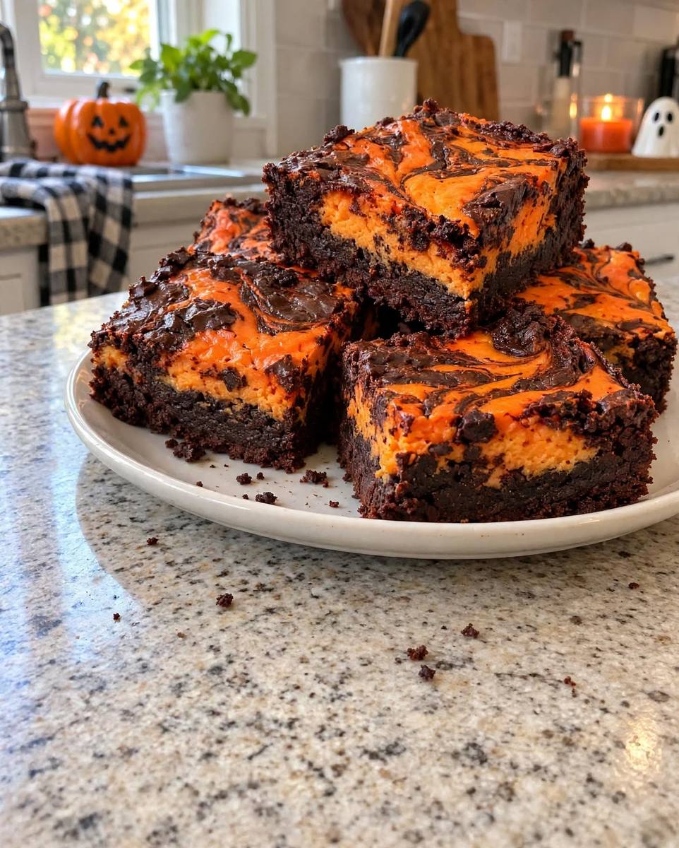 Halloween cheesecake brownies with orange cheesecake swirl stacked on a white plate