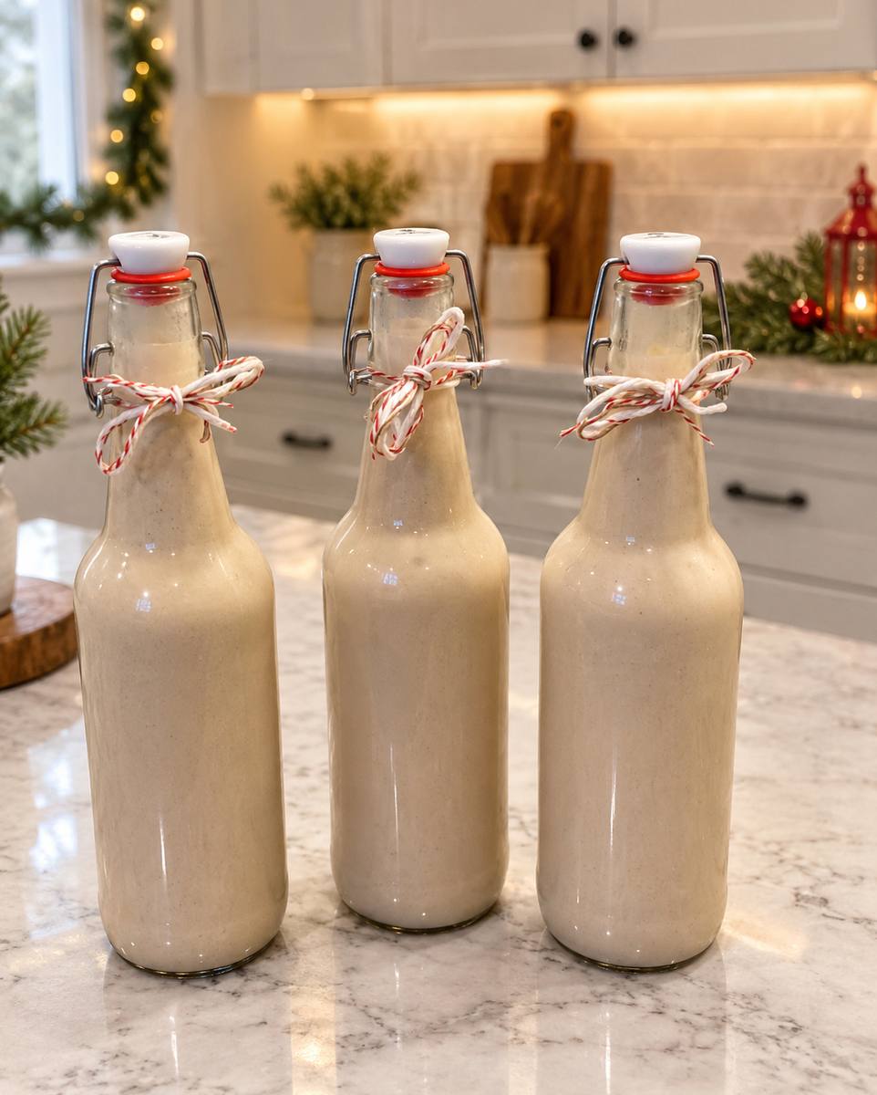 Homemade Baileys Irish cream in three glass swing-top bottles tied with red and white twine for Christmas gifts