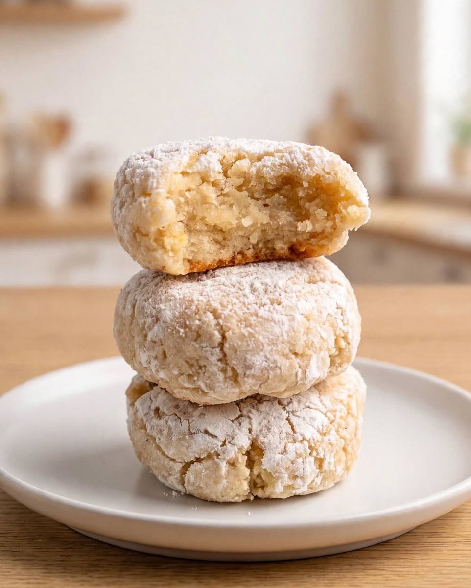 Soft Italian amaretti cookies coated in powdered sugar stacked on a white plate