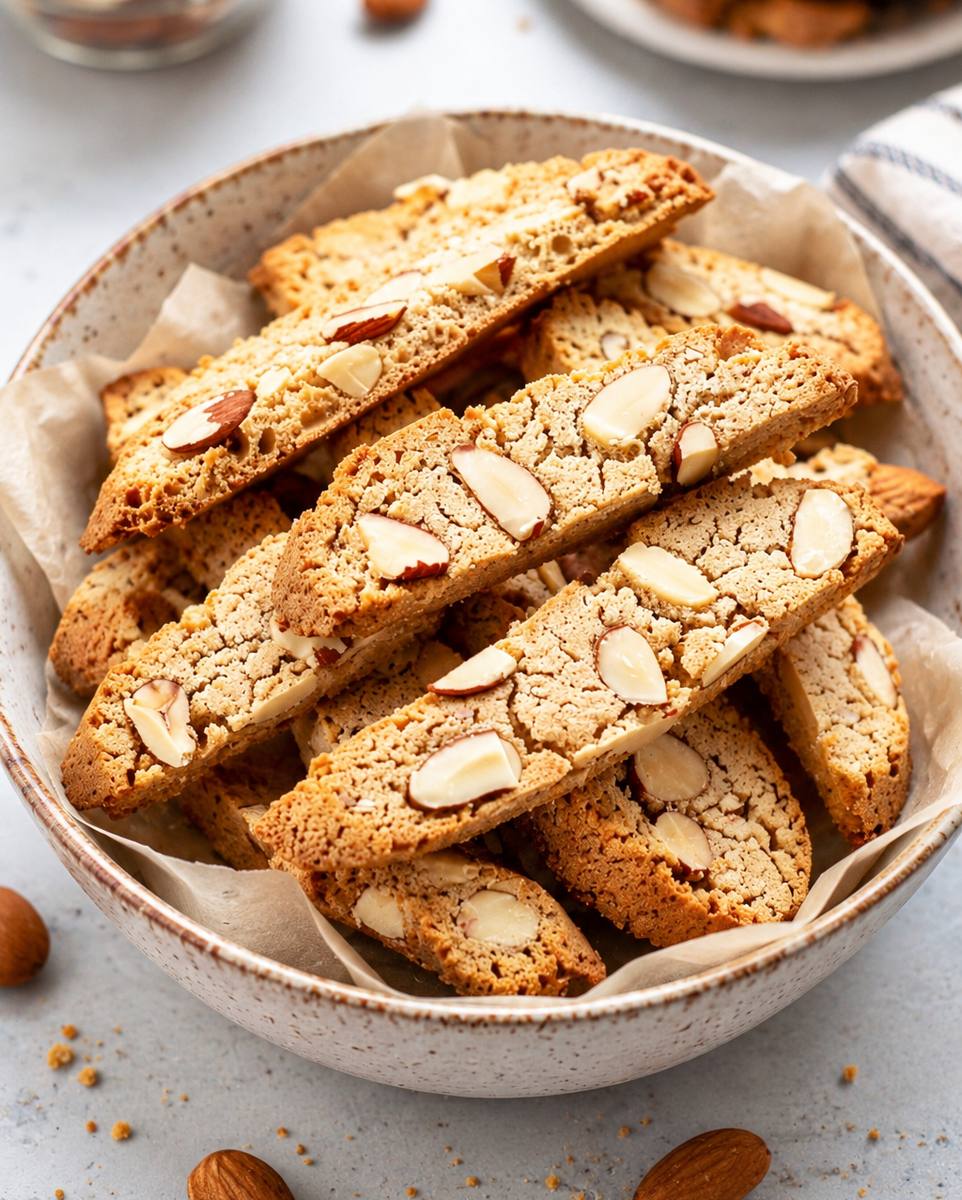 Italian almond biscotti (cantucci) in a speckled bowl with whole almonds