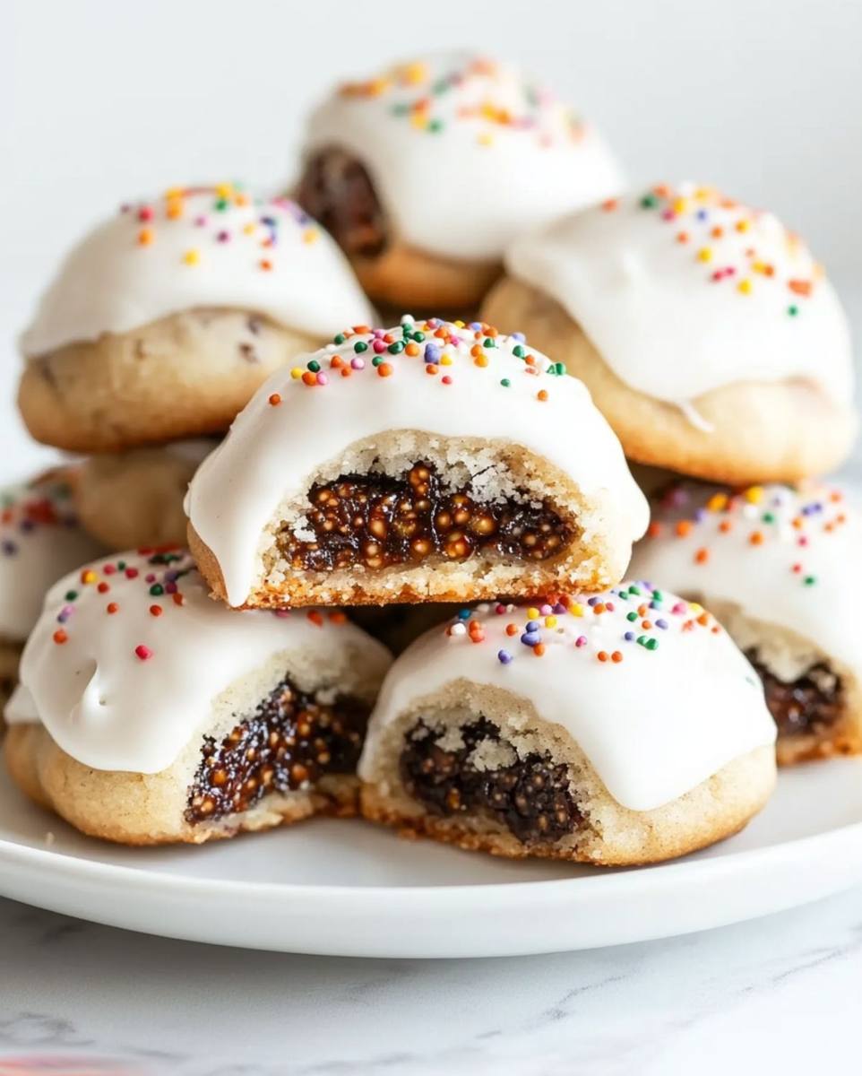 Italian fig cookies (cucidati) with white icing and rainbow sprinkles, cut open to show the fig filling