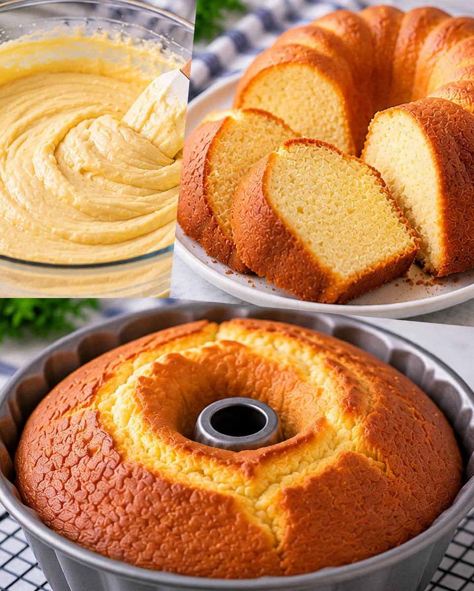 Kentucky butter pound cake baked in a Bundt pan and sliced on a white plate