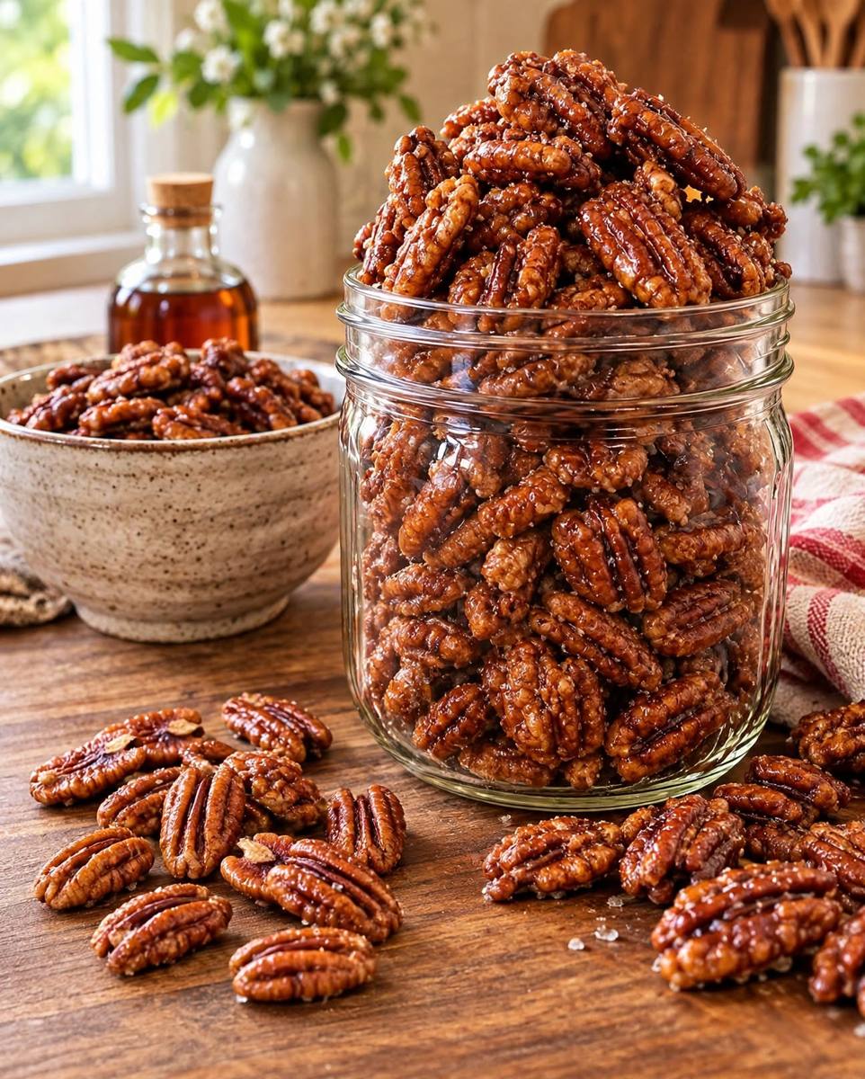 Maple vanilla candied pecans in a glass jar with a bowl of pecans