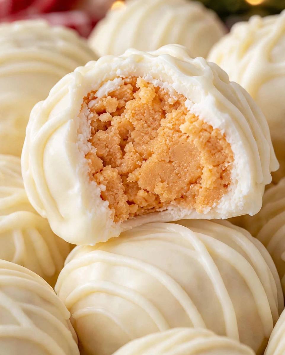 Peanut butter snowballs coated in white chocolate with a soft peanut butter center