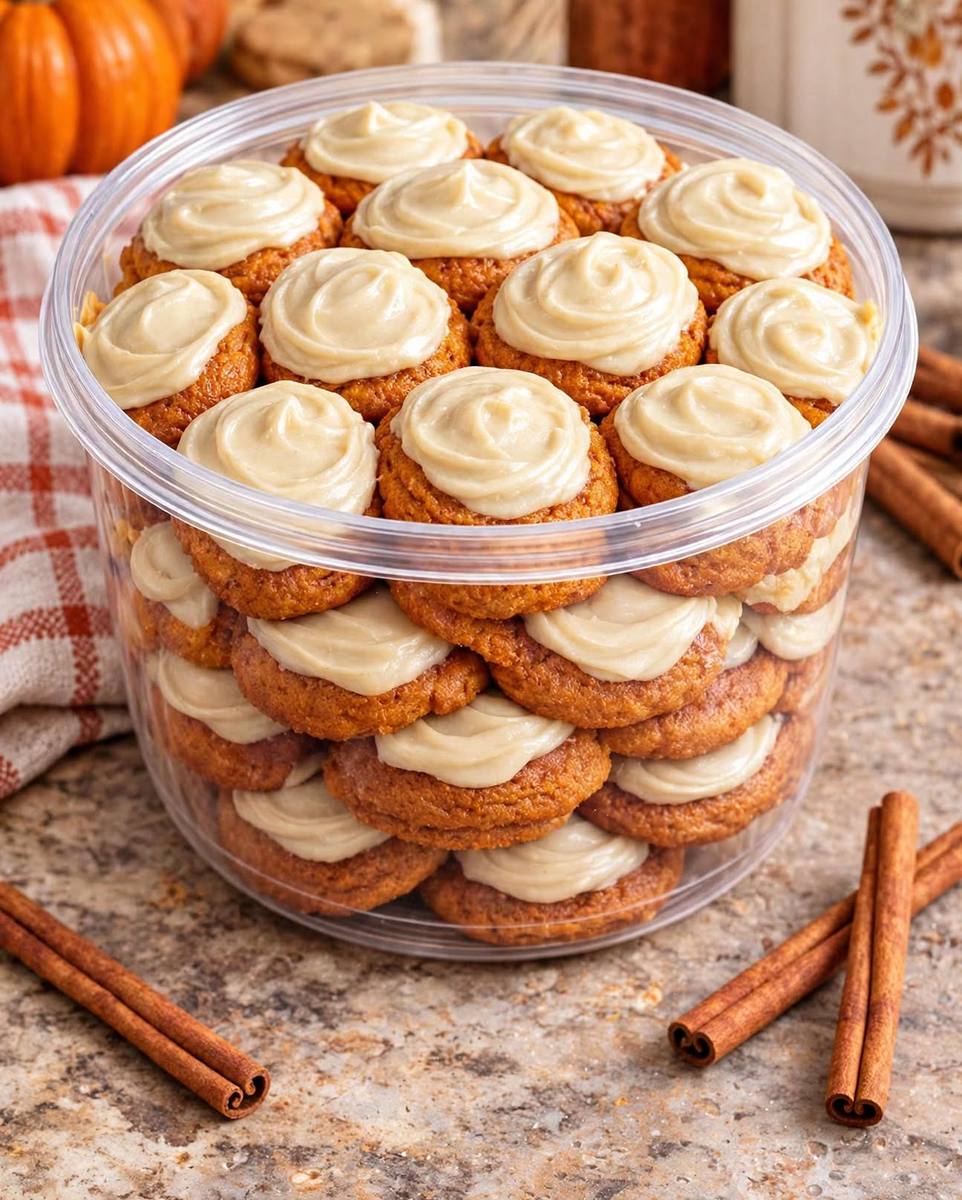 Soft pumpkin cookies with swirls of cream cheese frosting stacked in a clear container with cinnamon sticks