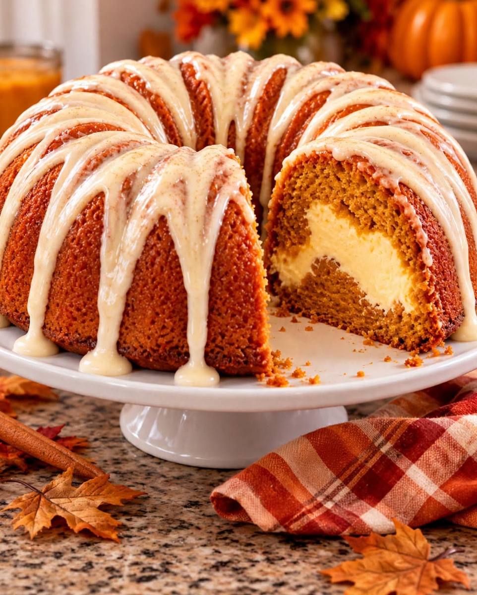 Pumpkin cream cheese bundt cake with glaze, sliced to show the cream cheese filling inside, on a white cake stand