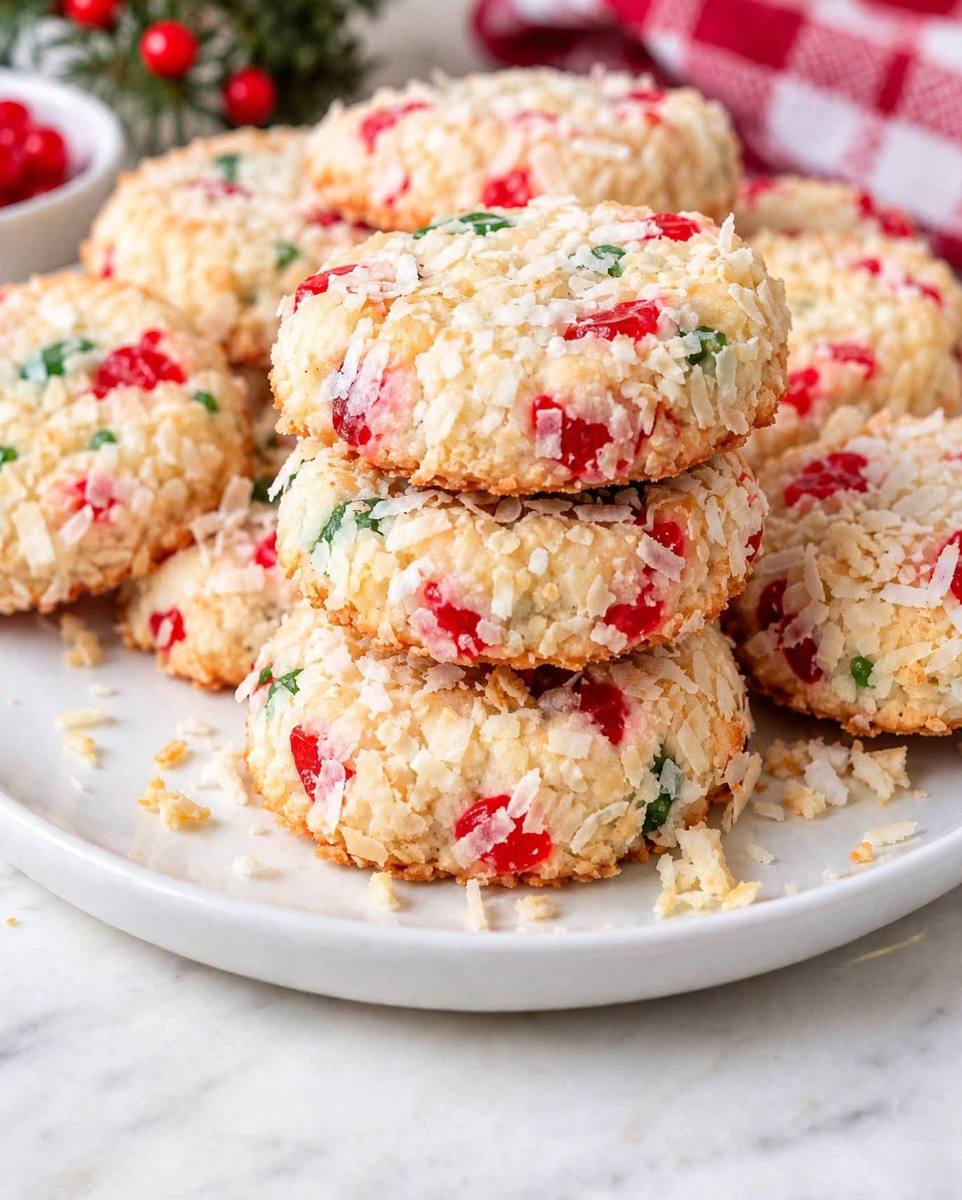 Santa's whiskers Christmas cookies with red and green candied cherries rolled in coconut, stacked on a plate