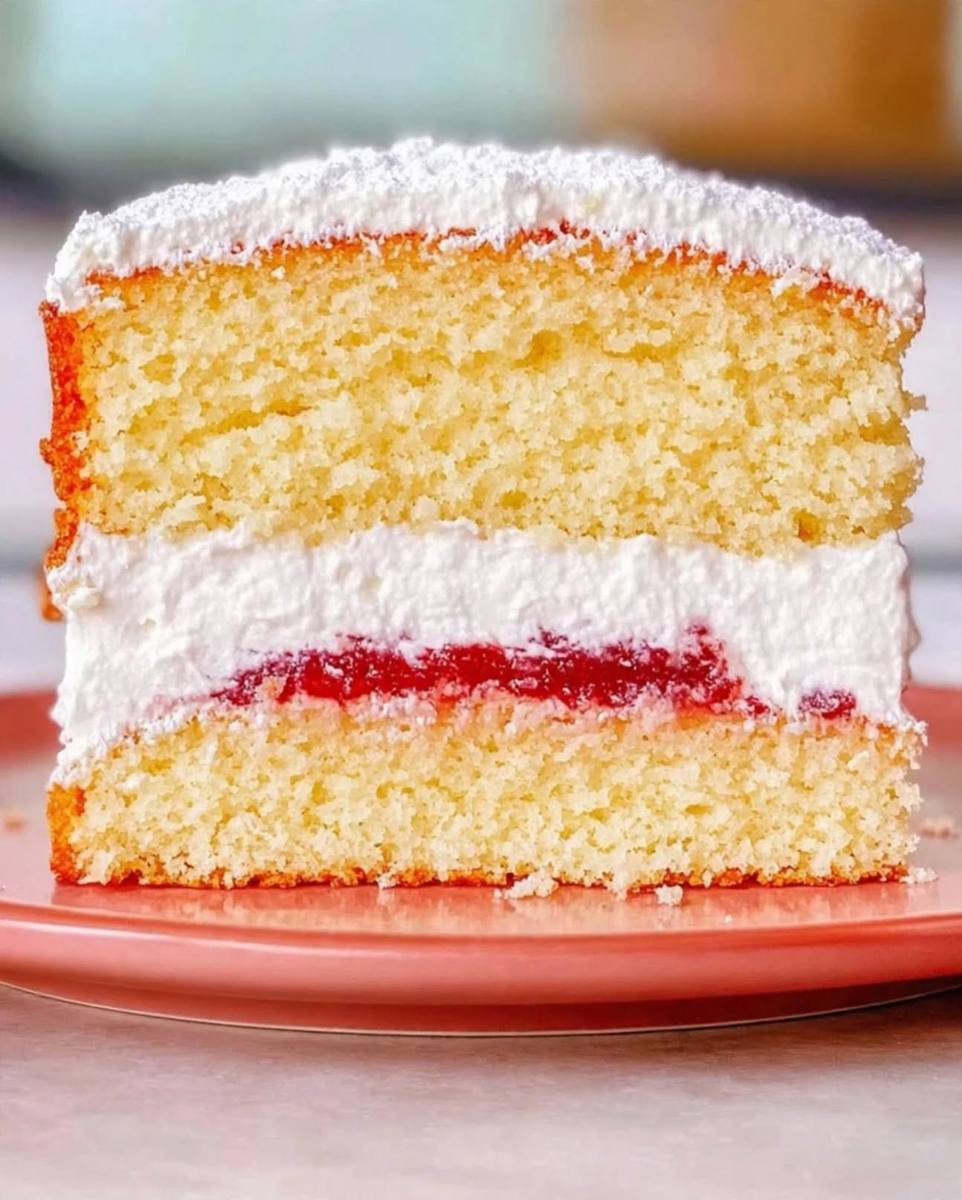 Slice of classic Victoria sponge cake filled with strawberry jam and whipped cream, dusted with icing sugar