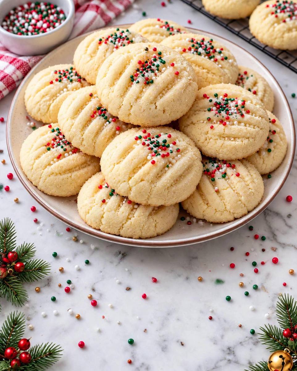 Whipped shortbread Christmas cookies with fork marks and red and green sprinkles on a plate